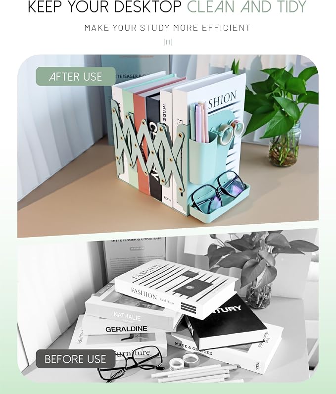 Heavy Duty Bookends Adjustable Book End, Desk Book Holder for Shelves, Book Organizer for Desk, Suitable for Office Home School (19.69 inches Max) (Green)
