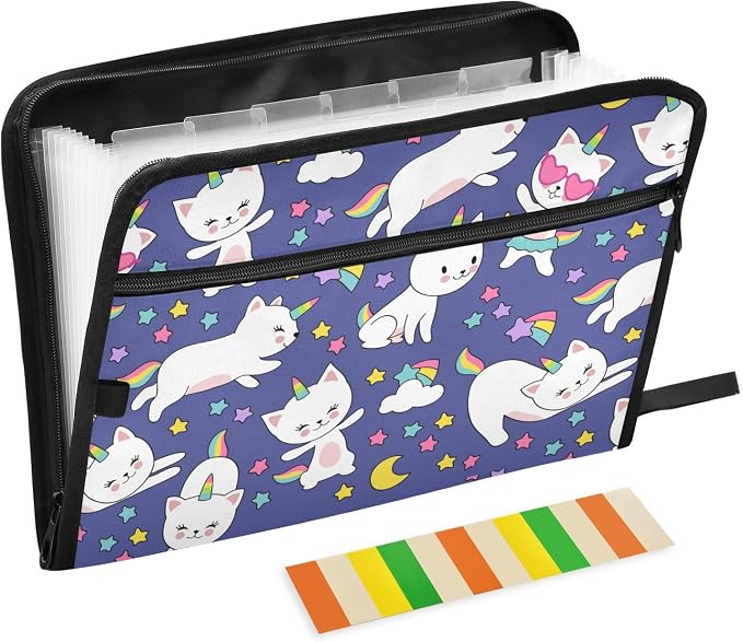13 Pockets Expanding File Folder Cats Unicorn Rainbow Cute with Sticky Labels Accordion File Folder Document Organizer Letter Size A4 Papers Expandable File Keeper