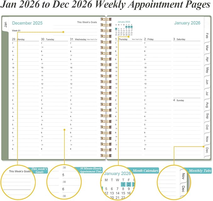 2026 Appointment Book & Planner - 2026 Daily Hourly Planner from January 2026 - December 2026, Weekly Appointment Book with 30-Minute Interval, Medium 6.4" x 8.5", Green-D