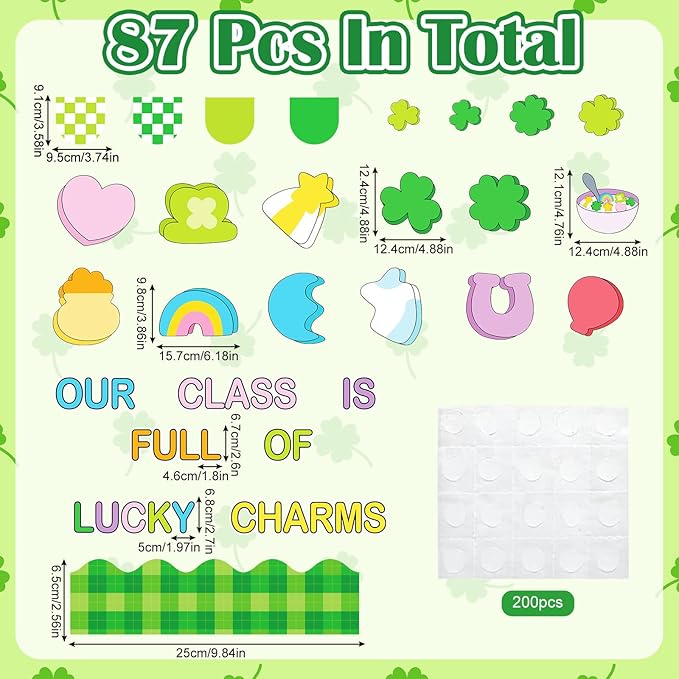 Whaline 87 Pcs St. Patrick's Day Bulletin Board Decoration Lucky Charm Funny Cartoon Shamrock Clover Paper Cutouts with 200 Pcs Glue Points for Irish Party Classroom Wall Decor