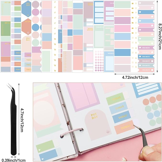 24 Sheets Pastel Functional Planner Stickers with Elbow Tweezer Mixed Metallic Functional and Elegant Stickers for Planners Notebooks Budgeting(Cute Color)
