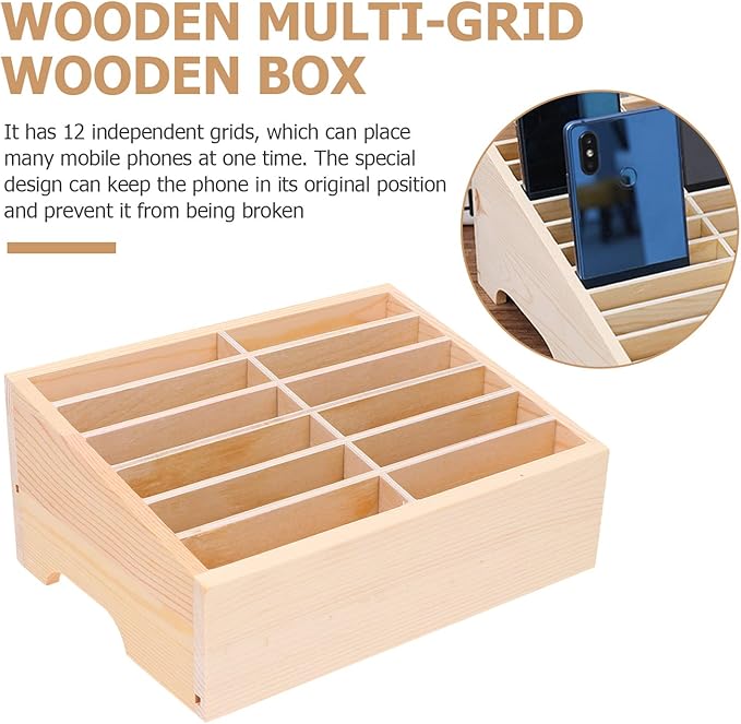 SEWACC 12-Grid Wooden Cell Phone Holder, Mobile Phones and Calculator Storage Box, Multifunctional Desktop Organizer Storage Box for Classroom Office Meeting Room Rack Display