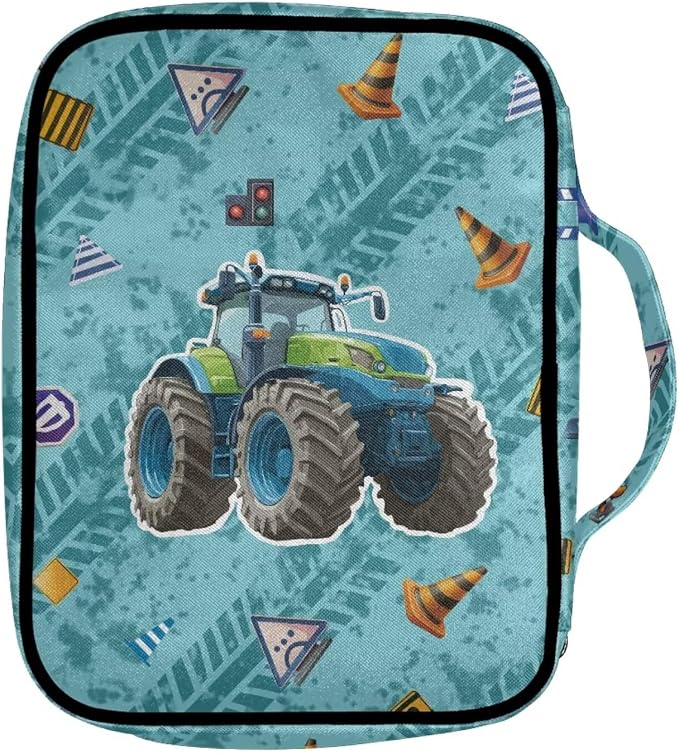 Coldinair Cool Tractor Bible Covers Bag for Kids Teen,Cool Carrying Book Case Church Bag Bible Holder with Handle and Zippered Pocket,Blue
