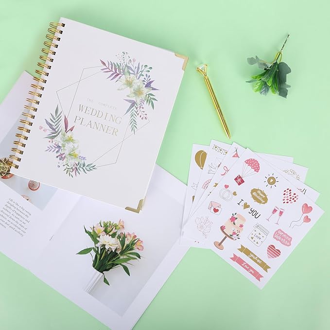 Wedding Planner Book and Organizer for Brides, 9.6 x 11 Inch Planning Binder with Countdown Calendar, Budget Sheets, Checklist, Floral Engagement Diary & Gift for Newly Engaged Couples