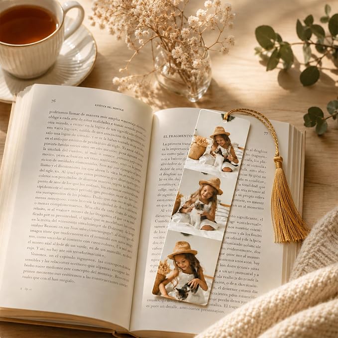 Personalized Photo Bookmark with Text, Custom Metal Page Marker with Tassel, Double Sided Aluminum Alloy Gift for Women Men Teachers Students and Book Lovers (4 Photos)