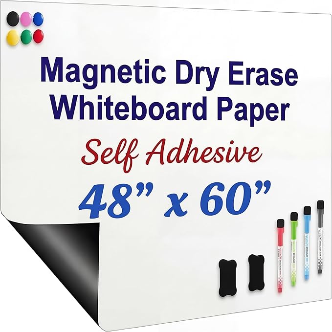 Pasimy Magnetic Dry Erase Board Whiteboard Paper 48" x 60" Large Self Adhesive Whiteboard Sticker for Wall Easy to Write Clean with 4 Markers 2 Eraser 6 Pin Magnets for Office Kids Home Fridge
