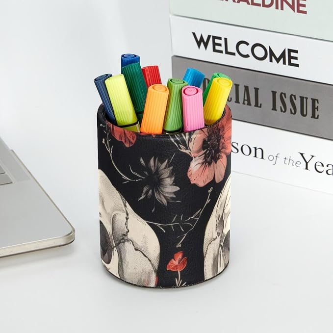 Round Pencil Holder for Desk, Skulls wiht Flowers Retro Aesthetic Pattern Large Pencil Pen Cup, Desk Accessories & Workspace Desk Organizer for Home, School, Office