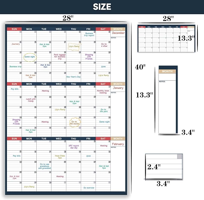 Dry Erase Calendar for Wall - Undated 3 Month Wall Calendar, 28" x 40"(Vertical), Large Wall Calendar Dry Erase for Office, Home, School