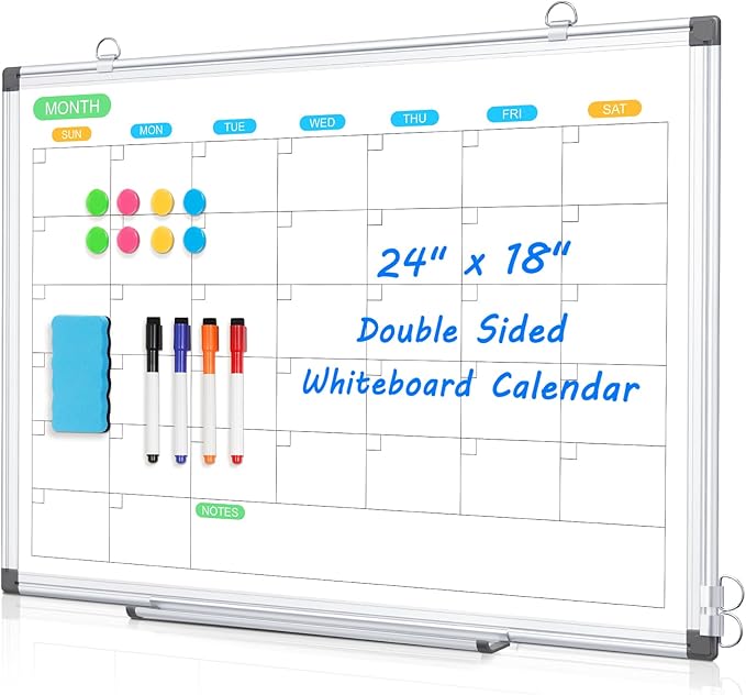 Dry Erase Board Calendar for Wall, 24" x 18" Magnetic Whiteboard Calendar, Monthly Calendar Whiteboard for Wall, Double-Sided Hanging Aluminum Frame White Board for Home, School, Office