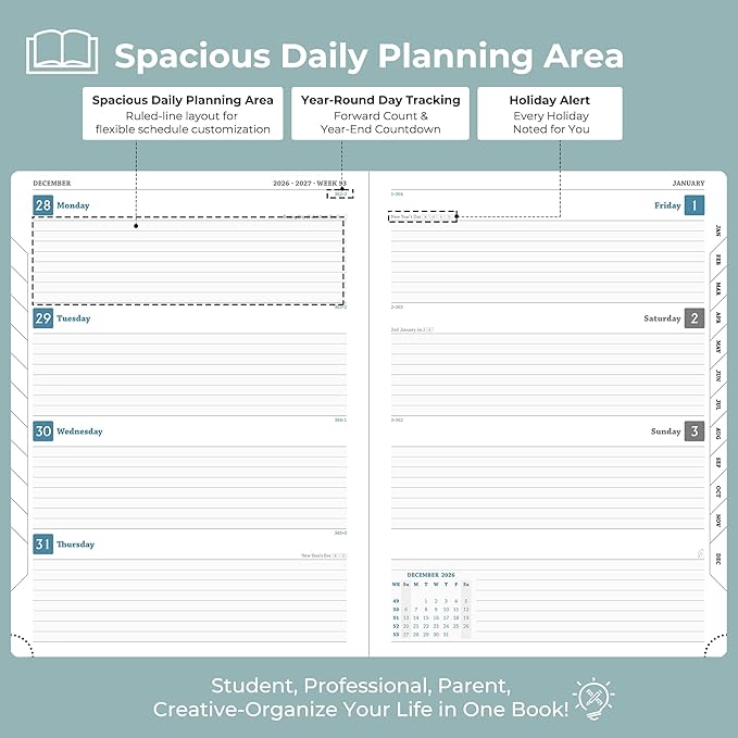 Weekly Monthly 2026-2027 Planner (July 26-Dec 27),11.5"x8.5",18 Months Agenda Plan with Month Tabs & Pocket,Expenses/Note Pages, Academic Calendar with Vegan Leather Cover,Dusty Blue