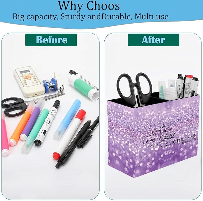 Pen Holder, Pencil Case, Makeup Brush Storage Box, Tableware Storage Box, Suitable for Office Or Home Item Organizing Stand - Purple Glitter Quote Philippians 4-13