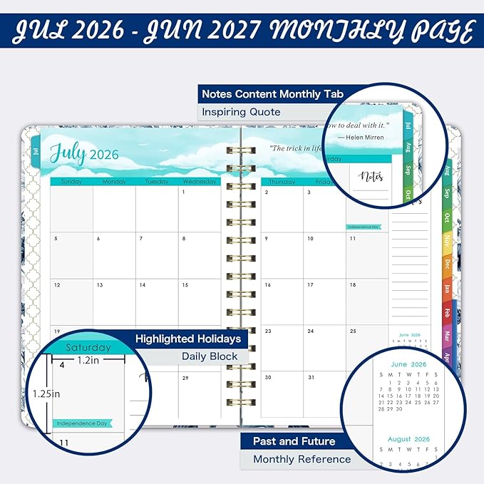2026-2027 Planner - 6.4'' x 8.5'' Jul. 2026 - Jun. 2027, 2026-2027 Weekly & Monhtly Academic Planner Spiral Bound,with Sturdy Cover, Monthly Tab, Inner Pocket, Elastic Closure