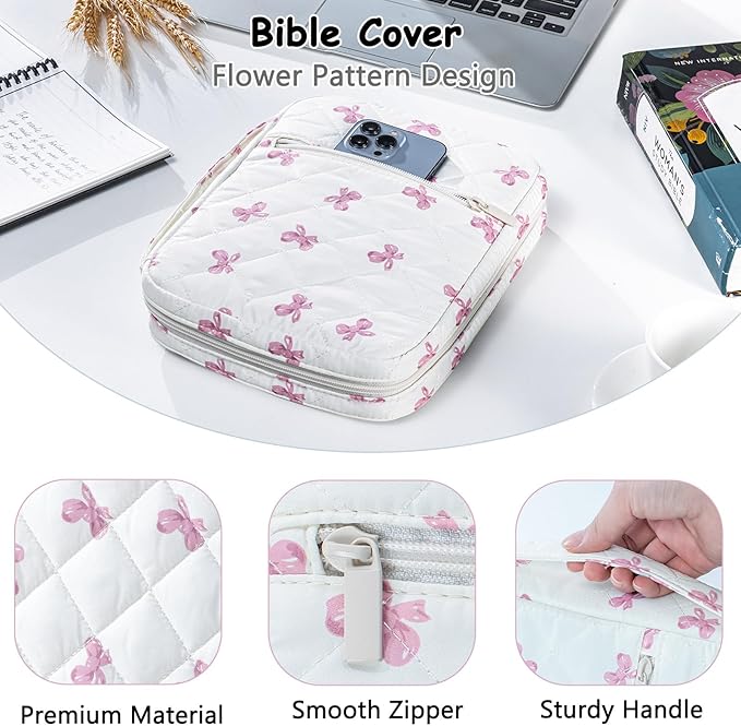Quilted Bible Cover Case for Women, Large Bible's Bag with Pockets & Handle, Bible Carrying Case Organizer for Bible Study Supplies, Christian Gifts, Fits Large & Small Bibles