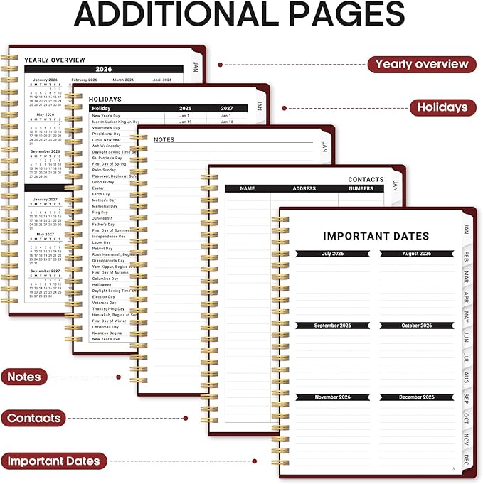 2026 Planner, Weekly and Monthly Calender Planner, Jan 2026 to Dec 2026, Hardcover 2026 Calendar Book with Tabs & Inner Pocket, Office Home School Supplies for Women & Men - A4 (8.5" x 11"), Burgundy
