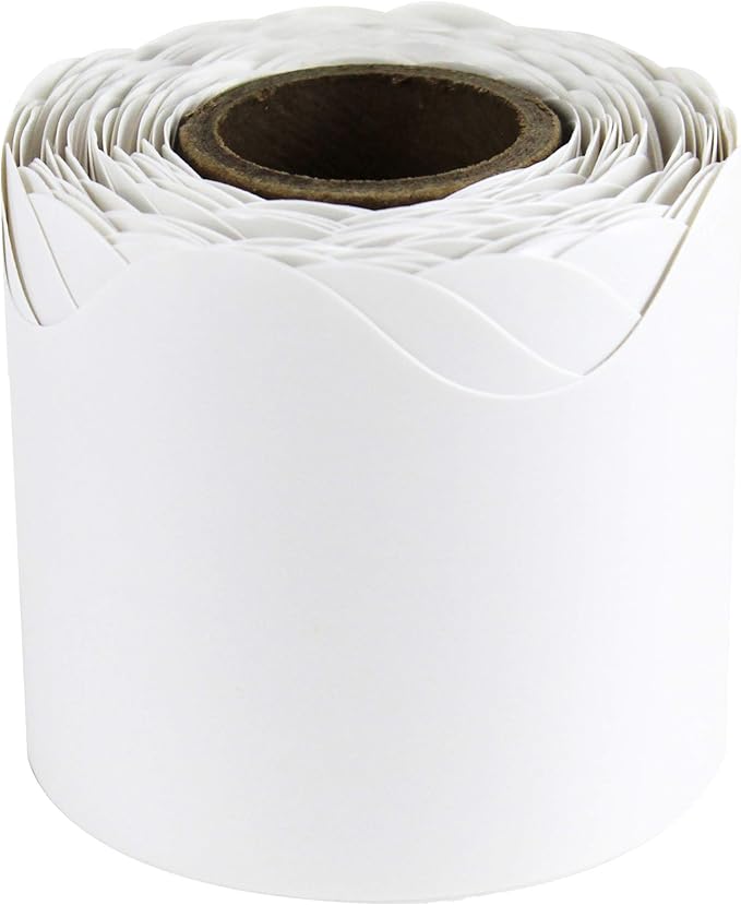 Carson Dellosa 36Ft of White Bulletin Board Borders, 1 Roll of Scalloped Trim for Rolling Whiteboard, Cork and Posterboard, Office Decorations, and Classroom Decor