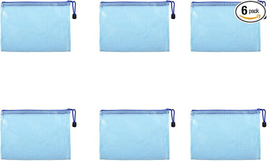 6 Pcs 3.74" x 5.31" B8 Sizes Mesh Zipper Pouch Bags, Mesh Bags with Zipper，Waterproof Clear document pouch for Organization Puzzles Travel, Office, Classroom Organization, B8 Blue