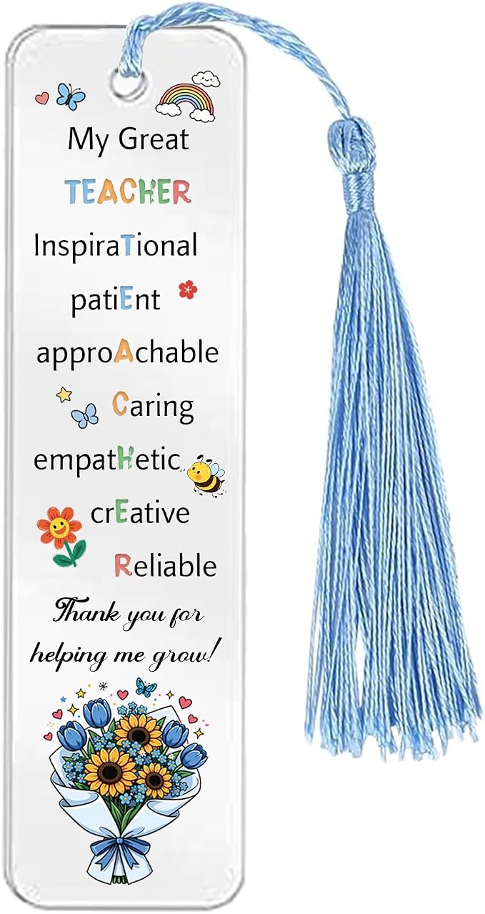 Teacher Gifts for Teachers Day Appreciate Presents Birthday Flower Shaped Signs Bookmark Keychain 3PC Set Graduation Christmas Keepsakes Acrylic Keyring Thank You Plaque Women Men Retirement (Blue)