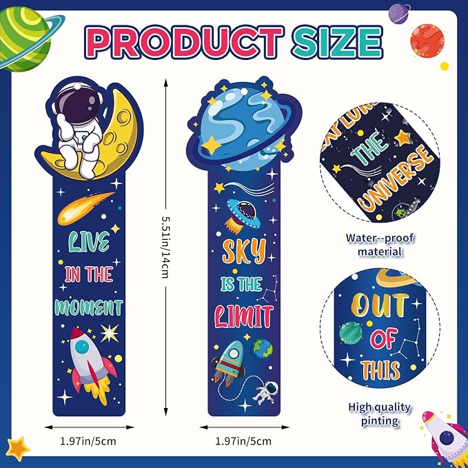 120 Pcs Space Bookmarks Bulk Planet Rocket Space Ship Theme Bookmarks Outer Space Inspirational Quotes Cards Valentines Gifts for Classroom Office Birthday Party Prizes Favors