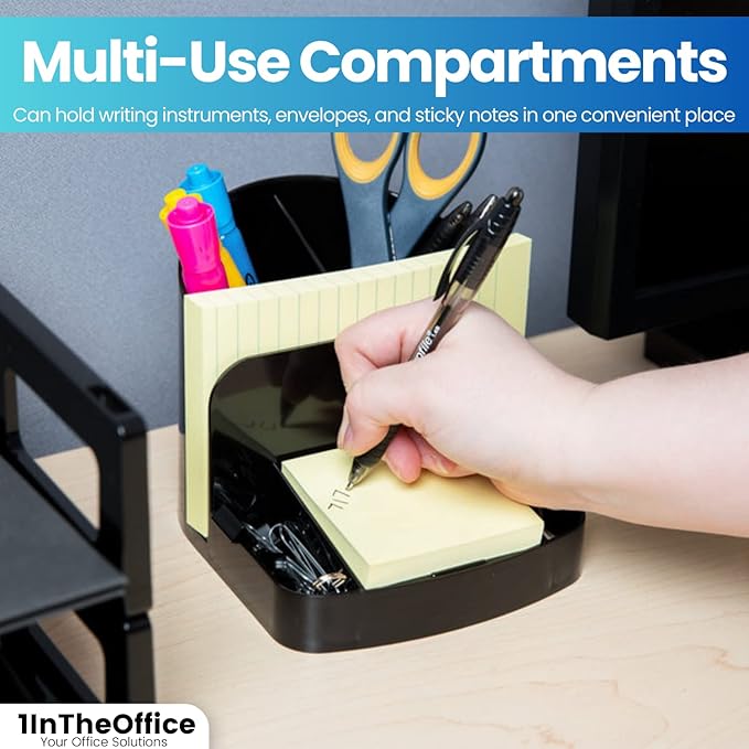 1InTheOffice Office Supplies Desk Organizer, Multifunctional Plastic Desk Storage Organizer,6 Compartments, Black