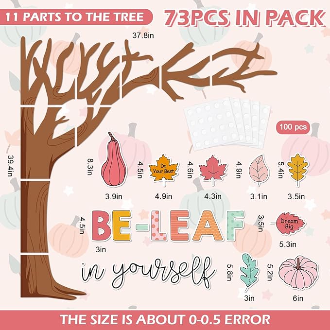 JarThenaAMCS 73Pcs Fall Tree Bulletin Board Decoration Motivational Boho Maple Leaf Pumpkin Cutouts for Autumn Thanksgiving Classroom Wall Chalkboard Decor