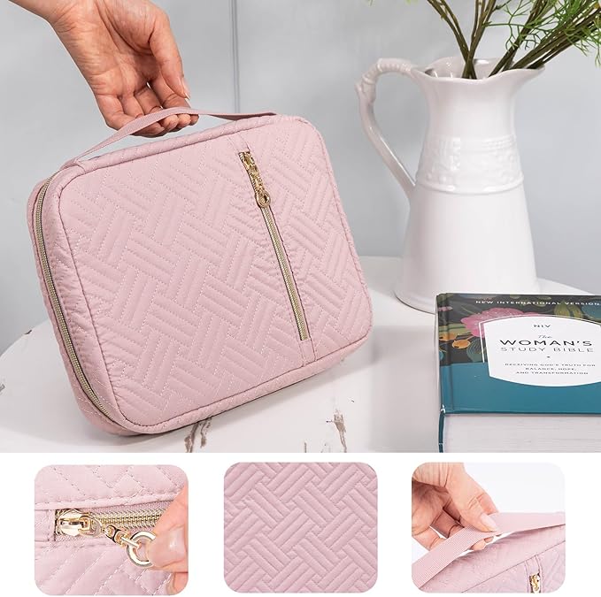 APLUFINE Quilted Bible Cover for Women, Zippered Organizer Bag with Sleeve for Study Supplies, Accessories & Journals, Church Carrying Gift for Girls, Book Carrying Case
