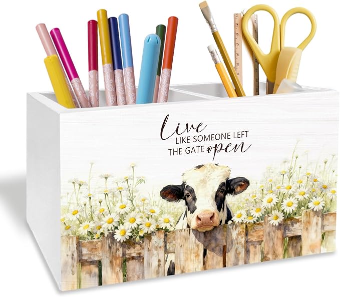 Rustic Daisy Floral Cow Pen Holder for Desk, Gifts for Cow Lovers Pencil Organizer, Live Like Someone Left the Gate Open Wooden Box Sign Desk Decor for Home Office Decoration