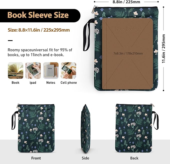 Hydrangea Pattern Book Lovers Gifts Book Sleeve for Women Daughter Sisters Grandma Mom Wife Readers Librarian with Zipper & Front Pocket Waterproof BookCover Case Book Club Gifts Book Accessories