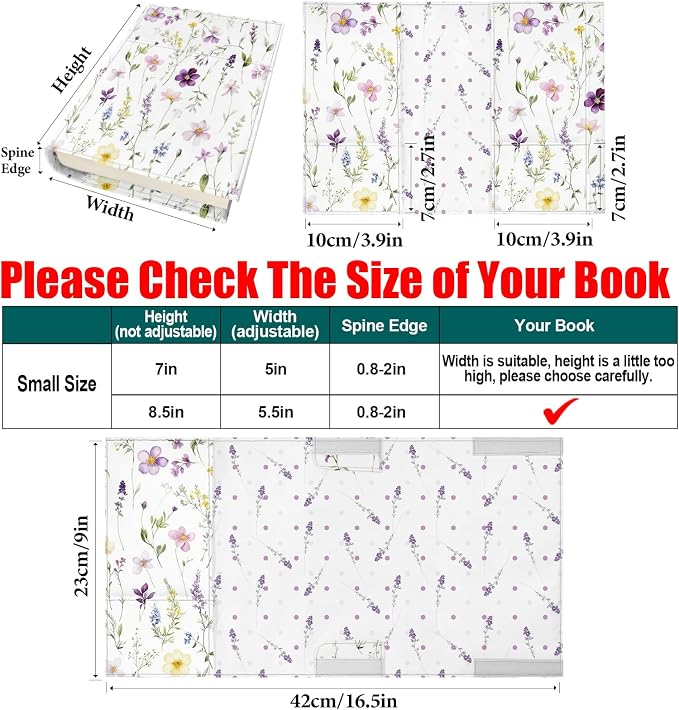 Flower Book Cover for Hardcover Paperback,Adjustable Soft Canvas Fabric Book Protector with Pocket Bookmark,Double Side Floral Print Book Dust Jacket Covers for Book Lovers Gift S