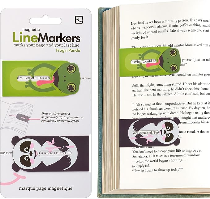 Gifts for Readers & Writers Linemarker Bookmark, 2 Pack Magnetic Bookmarks, Includes Line Finder Slit for Line Tracking, Small & Cute Stationery, Book Page Holder, Reading Accessories, Frog & Panda