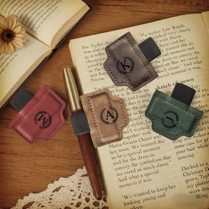 MOTEERLLU Custom Bygonemark Personalized Magnetic Leather Pen Holder Bookmark with Initial for Reading Women, Men, Teacher, Book Lovers Gifts & Accessories(Green,S)