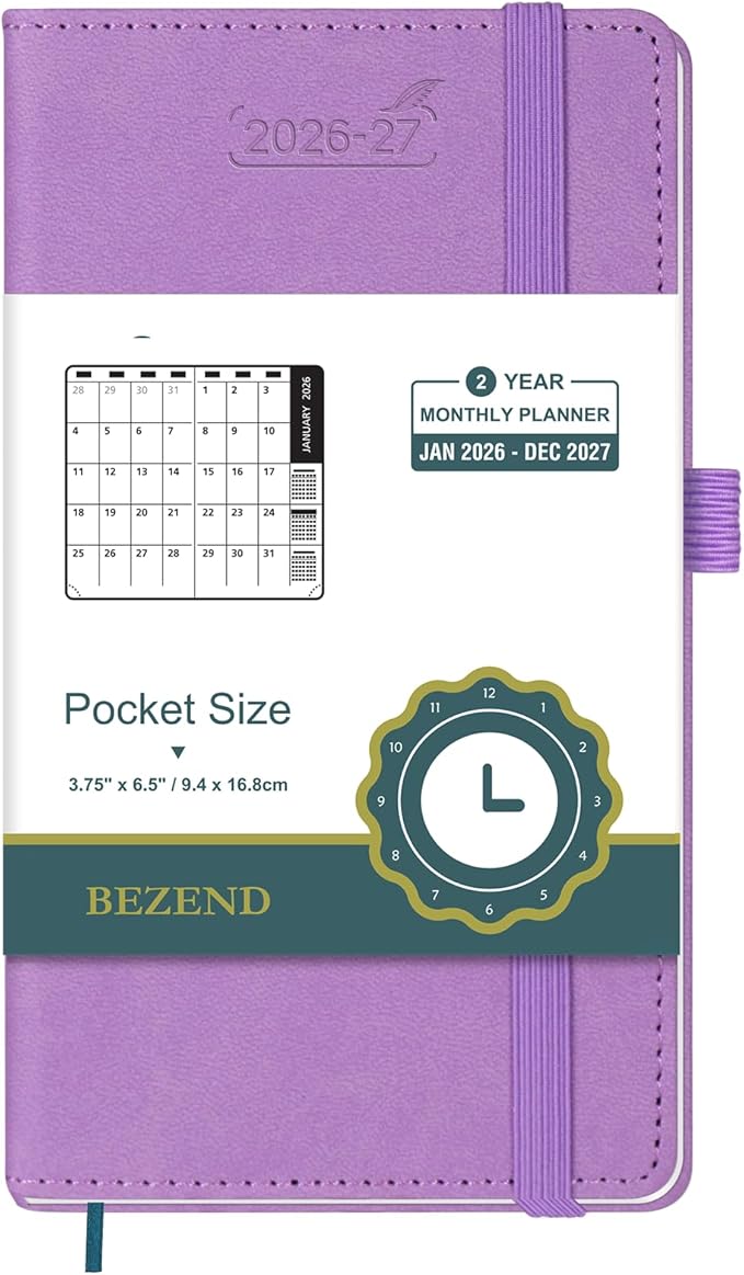 BEZEND Pocket Monthly Planner 2026-2027 (3.5" x 6.5") 2 Year Calendar Book for Purse with Note Pages, 100 GSM Paper, Inner Pocket, Pen Holder, Vegan Leather Hardcover in Lavender