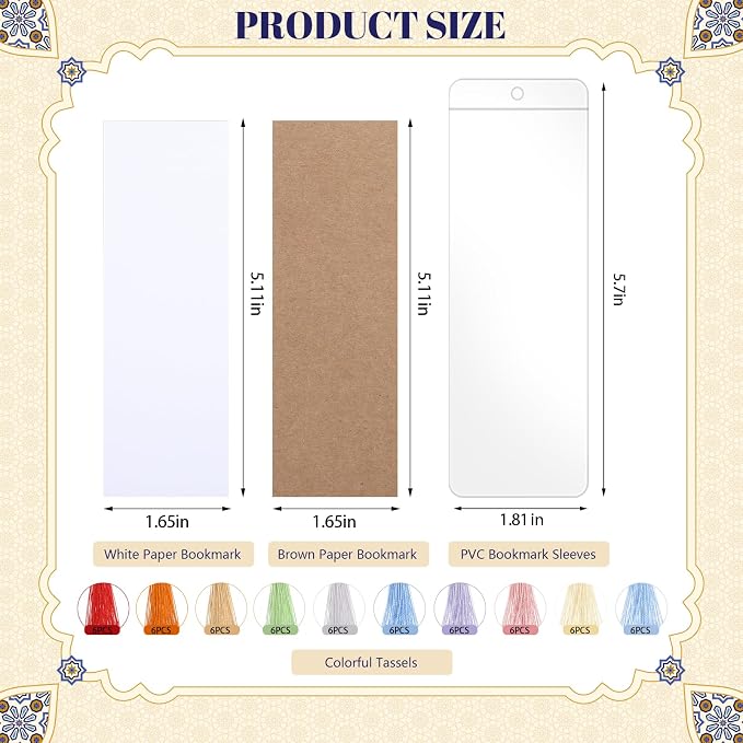 60 Sets Kraft Paper Blank Bookmarks with Tassels, Cardstock DIY Bookmark Making Kit, DIY Projects Party Favor Gift Tag Bulk PVC Tags, 60 Bookmarks 60 Clear Bookmark Sleeves 60 Tassels