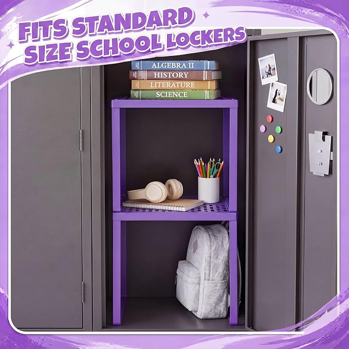 Colarr 2 Pcs Locker Organizer Shelf Stackable 2-Tier Shelves Fits Standard Size School Lockers Heavy Duty Metal Locker Shelf for School Office Gym Lockers Home Storage 11x 10 x 12 Inch(Purple)