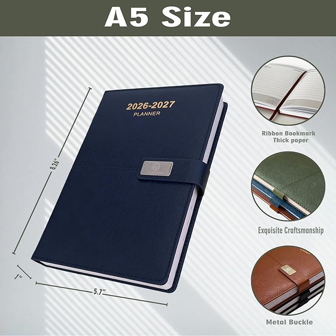 2026-2027 Daily Planner - One Page per Day, 2026-2027 Hourly Daily Calendar(July 2026 - June 2027), 5.7" x 8.26" Appointment Book, Leather Cover + Thick Paper (26-27 Navy Blue)