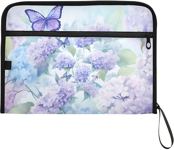 Expanding File Folder Purple Hydrangea Flower Butterfly Accordion File Organizer 13 Pockets Document Organizer with Zipper Labels A4 Letter Office Storage