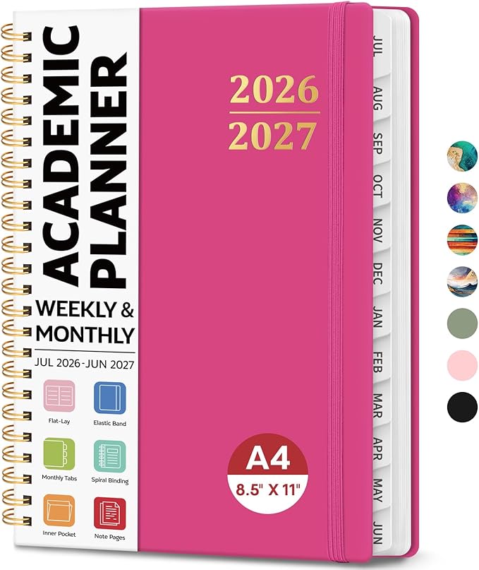 8.5" x 11" Academic Planner 2026-2027, Weekly & Monthly Calendar Planner Book, July 2026 – June 2027, Large Hardcover Organizer with Tabs, Perfect for Teachers, Students, Women & Men – A4, Hot Pink