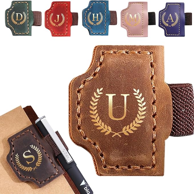 Personalized Mark Bookmark with Pen Holder, Leather Magnetic Book Marker 26 Letters,Custom Initials Page Marks, Gifts for Book Lovers Readers Men Women (Brown, U)