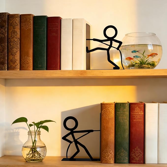 Metal Bookends People Book-End, Decorative Cute Book Ends for Shelves in Home Office Desk Book Holder, Bookshelf Decor & Gift -Tug of War