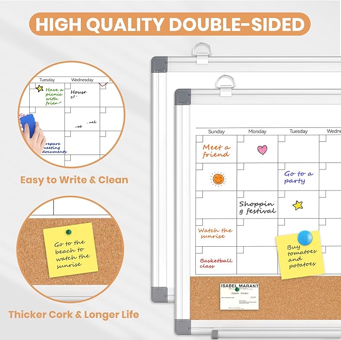 Small Monthly Dry Erase Calendar Whiteboard for Wall, 16" x 12" Double-Sided Magnetic Cute Calendar Dry Erase Board, Portable Hang Framed White Board Corkboard for Cubicle, Office, Home, College Dorm