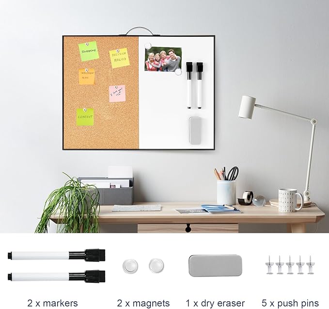 TSJ OFFICE Small Whiteboard Cork-Board - 12" X 16" Portable Aluminum Black Framed Magnetic Dry Erase Board for Wall, Small Bulletin Cork Board with Holder for Office, Home and School