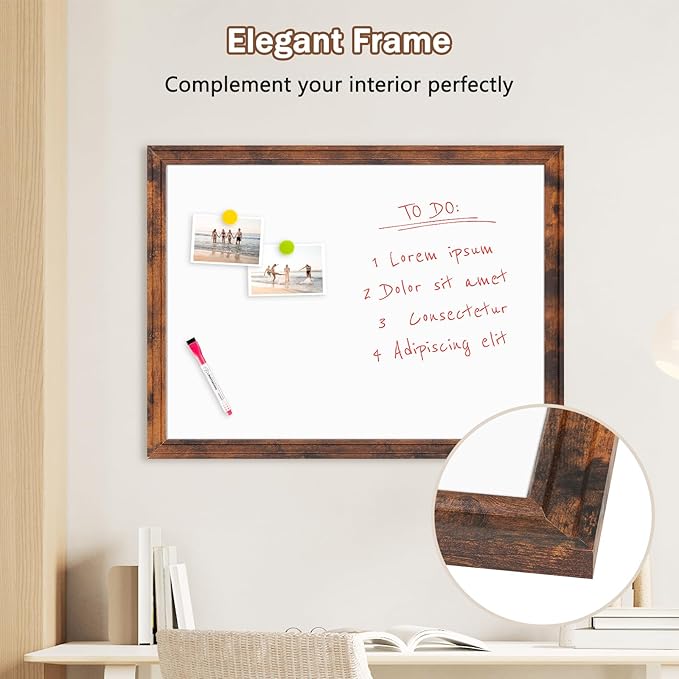 DOLLAR BOSS Magnetic Whiteboard for Wall 36" x 24" Vintage Wood Framed White Board Decorative Dry Erase Board for Home Office Shop Decor Display with 4 Markers, 8 Magnets, 1 Eraser, Rustic Brown