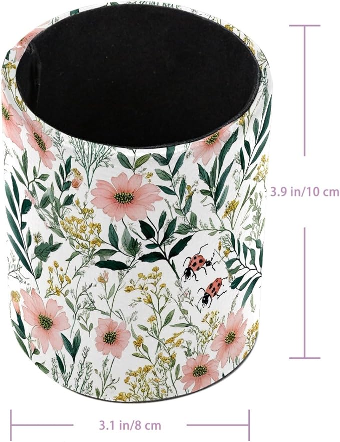 Leather Pen Holder for Desk, Pink Flower Makeup Brushes Holder Pencil Cup Multifunctional Desktop Organizer Caddy for Home School Office Desk Accessories