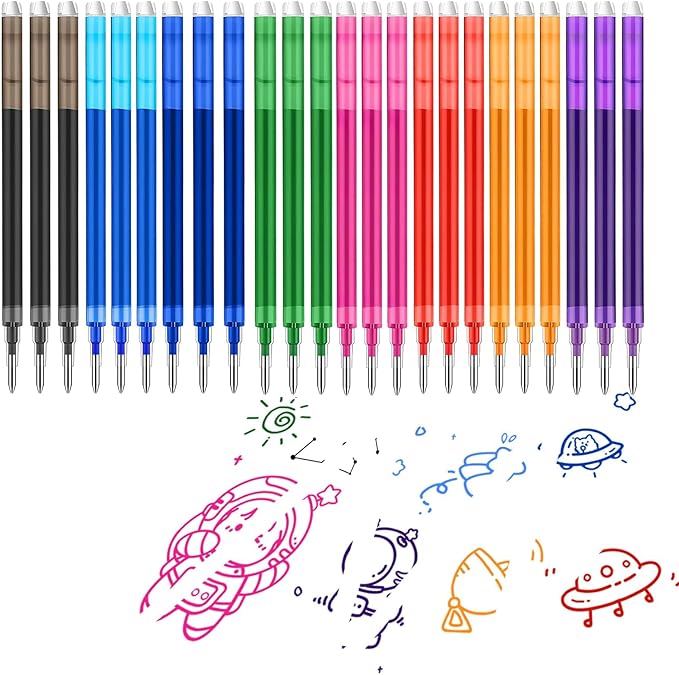 0.7 mm Erasable Gel Ink Pen Refills Compatible with Frixion Friction, Smooth Writing Multicolor Retractable Fine Point Pen Refill for School Office Home Art (8 Colors, 24)
