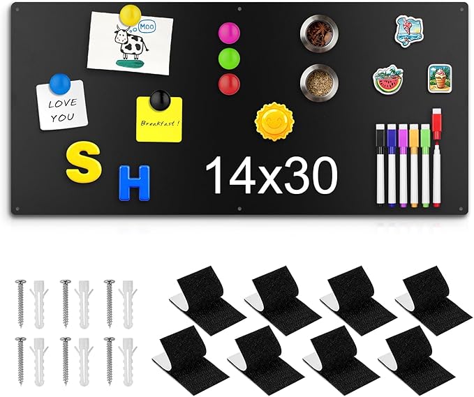 14" x 30" Magnetic Board, Black Magnet Bulletin Board to Display Magnetic Letters, Metal Board for Wall, Refrigerator Photo, with Dual Lock Tape and Screws, Marker Pen