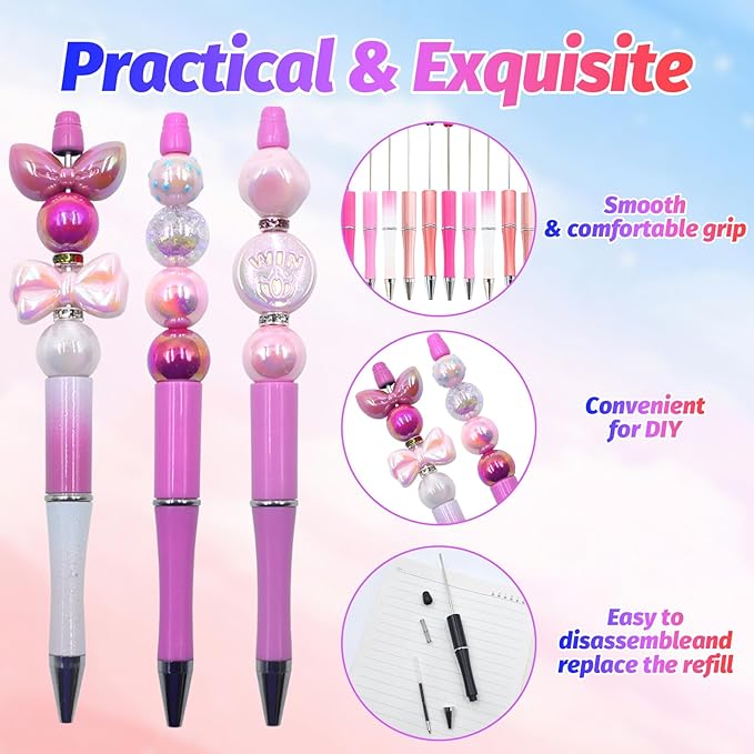 300 Pieces DIY Beadable Pen Kit – 100 Plastic Ballpoint Pens with Refills & Bags – School Supplies, Office Accessories & Decorative Items for Students & Teachers (Pink)
