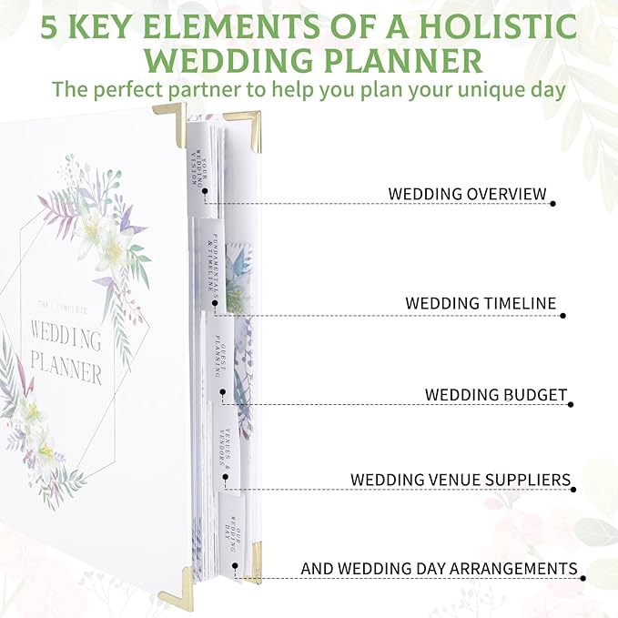 Wedding Planner Book and Organizer for Brides, 9.6 x 11 Inch Planning Binder with Countdown Calendar, Budget Sheets, Checklist, Floral Engagement Diary & Gift for Newly Engaged Couples