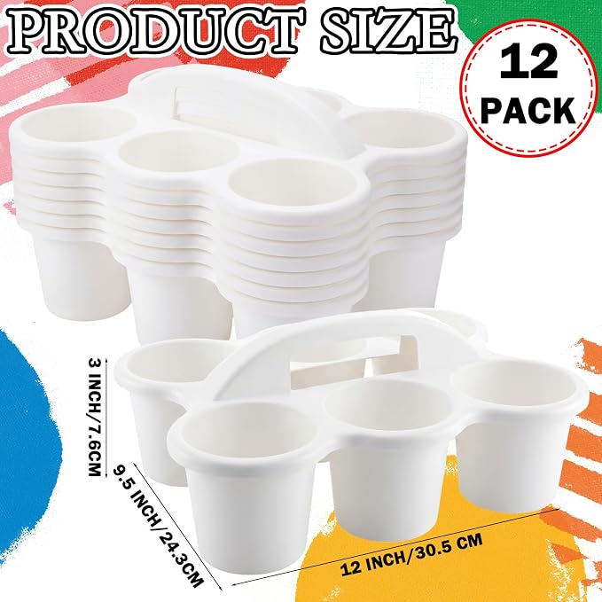 12 Pack Classroom Caddy Organizer with Handle Bulk Plastic Drink Cup Caddy Holder School Storage Supplies with 6 Compartments for Table Crayon Pencil Drink Delivery(White)
