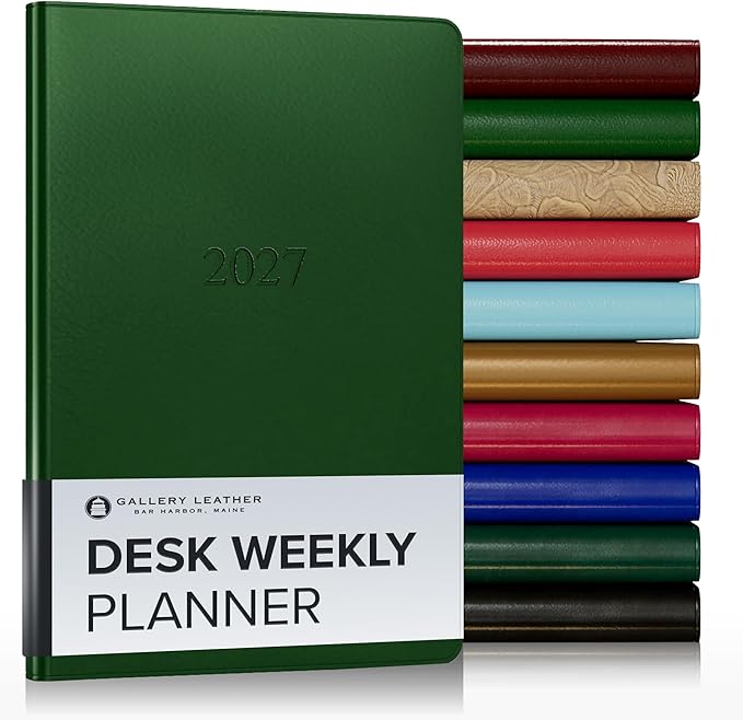 Gallery Leather Desk Weekly Monthly Planner 2027, Elegantly Bound Calendar Planner and Notebook with Stylish Gold-Gilded Page Edges, 12 Months - Freeport Metallic Hunter - 8x5.5"