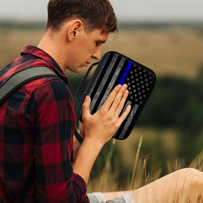 Bible Cover, Thin Blue Line American Flag Bible Case with Handle and Zippered Pocket Standard Size Holy Bible Bag Women Gifts, Church Bag Portable Bible Carrying Book Case for Bible Study