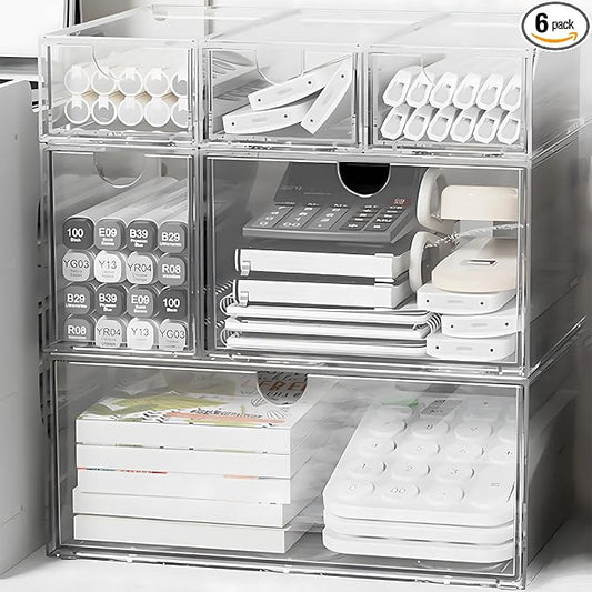 Desk Organizers, Makeup Organizer Storage, Desktop Office Supplies, Clear Desk Accessories, Dustproof Drawer Organizer and Storage for Make Up, Jewelry, Pen, Desktop Stationary (6 Drawers)